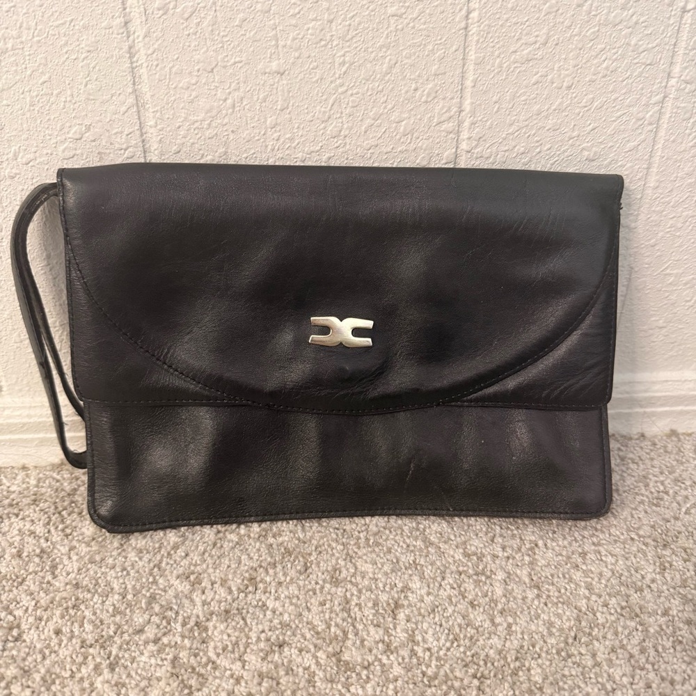 Black Genuine Leather Clutch with Silver Logo